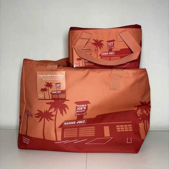 Set of 2 — Trader Joe’s Mini + Large Insulated Cooler Tote Bags Peach Orange NWT - Picture 1 of 16